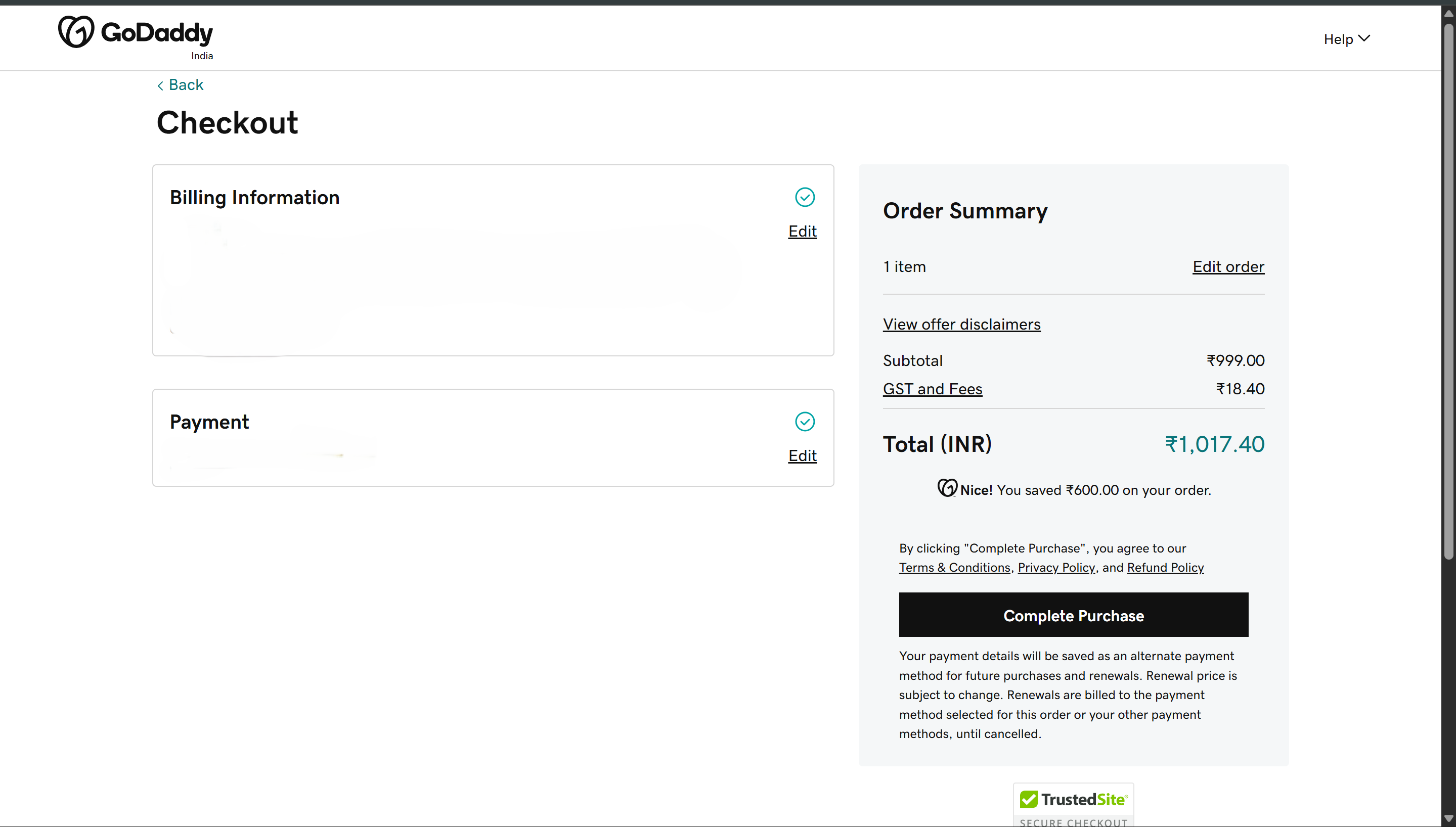 GoDaddy checkout — Complete Purchase